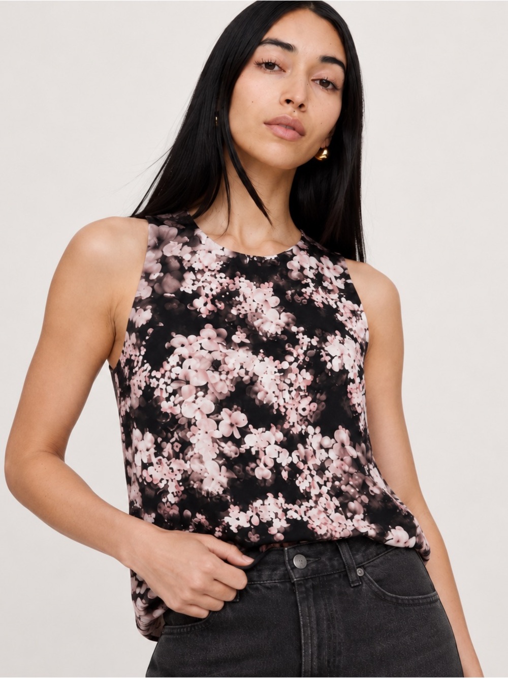 Banana Republic Sleeveless Keyhole Back Floral Blouse Black Pink S